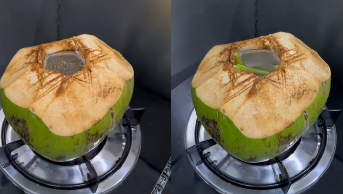 minum air kelapa bakar