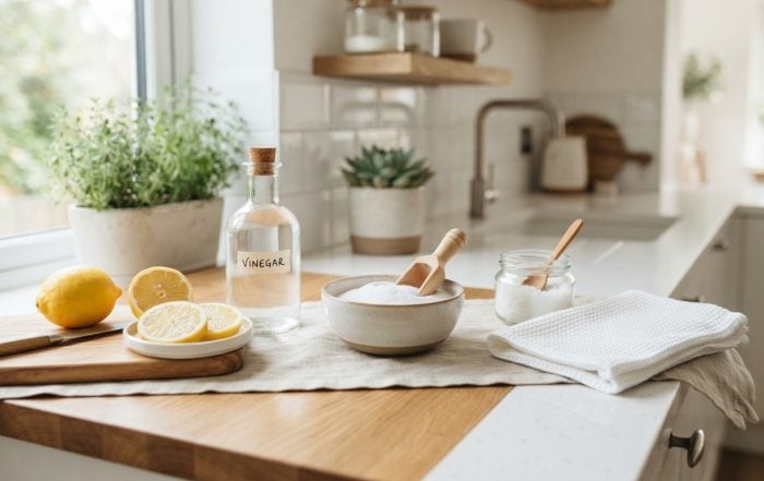 Bahan pembersih dapur semula jadi seperti lemon, cuka, dan soda bikarbonat di atas kaunter dapur bersih.