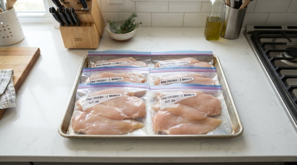 Kepingan ayam mentah dibekukan secara leper dalam beg Ziploc untuk cepat nyahbeku