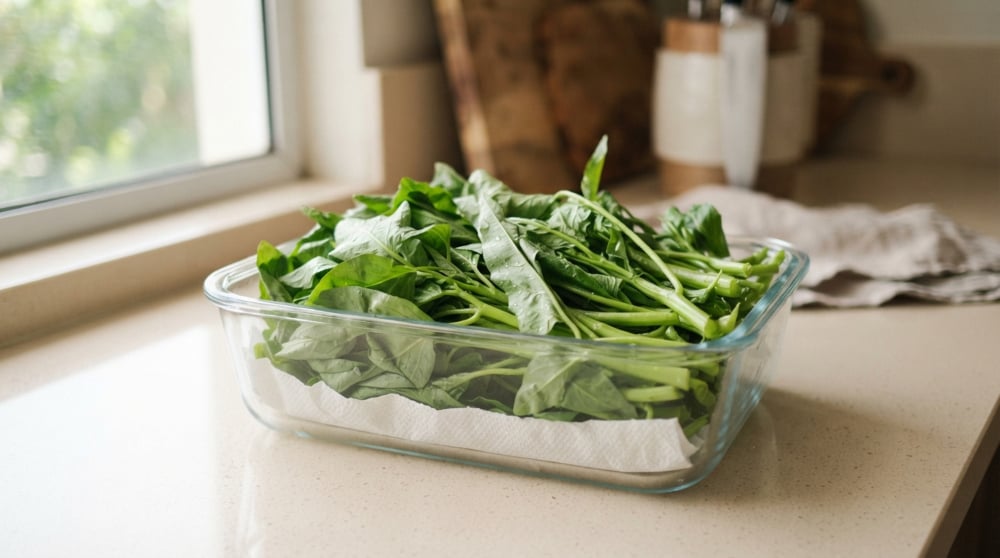 Sayur hijau disimpan dalam bekas kedap udara dialas tisu dapur supaya tahan lama dan tidak rosak