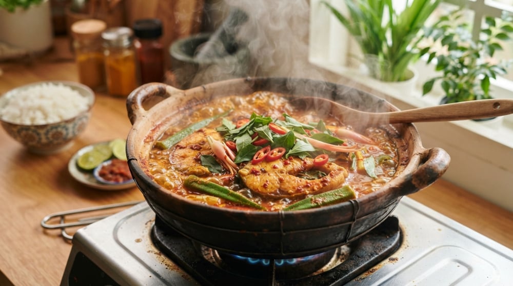 Semangkuk asam pedas ikan pari pekat hasil masakan menggunakan pes cili kisar sedia ada