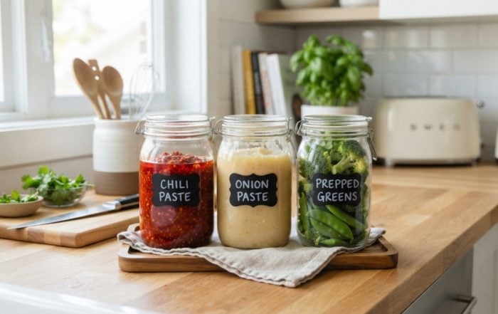 Pantry prep 1 jam hari Ahad dengan balang pes bawang, cili kisar dan sayur segar dalam peti ais