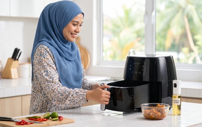 A bright, natural photo of a smiling Malay mother (the primary target audience) in a warm kitchen. She is actively closing the drawer of a modern black air fryer. This image visually promises the ease and success of these hacks.